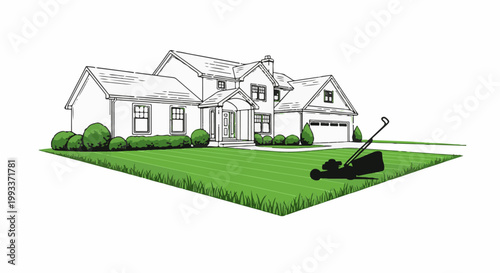 A sketch of a house with a lawn mower on a manicured lawn