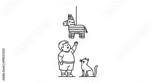 Child and Cat Gaze Upward at Festive Hanging Pinata.