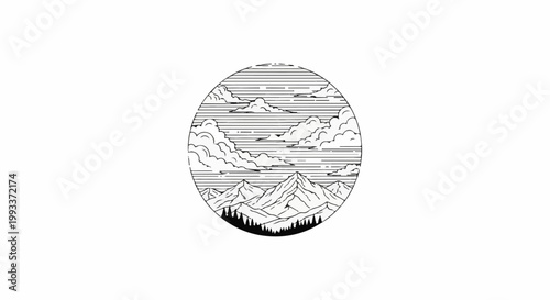 Circular monochrome landscape with stylized mountains, clouds, and trees