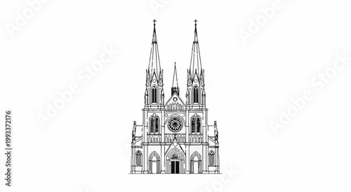 Detailed sketch of a grand Gothic cathedral with twin spires and rose window