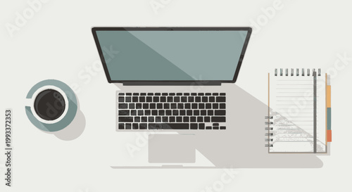 Top View of Laptop Coffee and Notebook for Work.