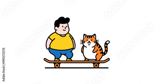 Cartoon Boy and Cat Ride a Skateboard Together Happily.