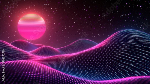 Retro wave landscape with sun and starry sky