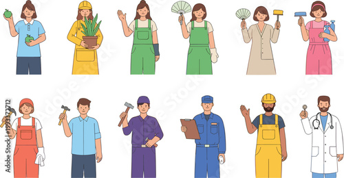 Professional Workers Collection Featuring Various Occupations Including Builder Farmer Cleaner Doctor and Technician Characters for Career and Industry Illustration Design.
