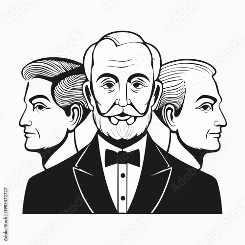 Three elegant gentlemen in formal attire, a classic vintage portrait illustration.
