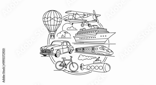 Collection of various modes of transportation illustrated in a circle