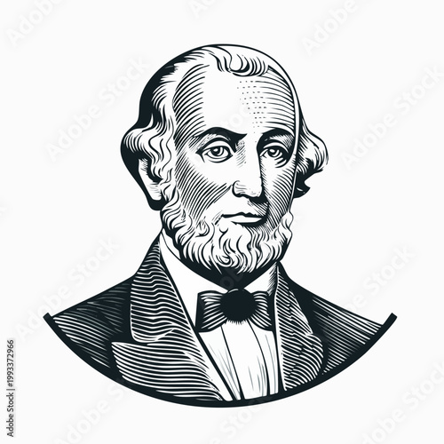 Vintage illustration of a historical figure in a suit and bowtie.