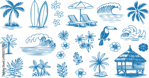 Tropical island beach summer vacation vector illustration elements.
