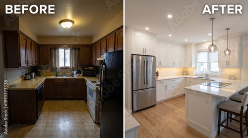Kitchen Renovation Before and After: Old Dark Kitchen Transformed into Modern White.