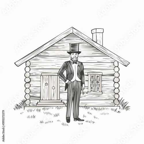 Man in retro suit stands in front of a log cabin.