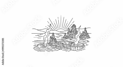 Stylized illustration of geysers erupting with a sunburst in the background