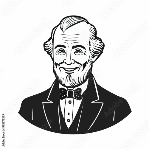 Black and white portrait illustration of a distinguished gentleman in a suit and bowtie.