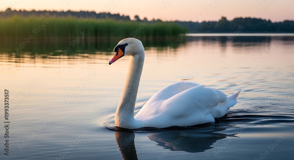 Fototapeta premium Elegant swan gliding on calm water under soft sunset light