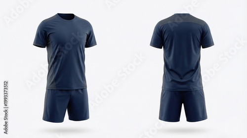 Navy Blue Soccer Jersey and Shorts Mockup, Front and Back View of Blank Sports Uniform Kit
