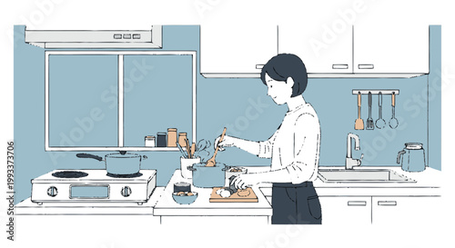 Woman cooking in a modern kitchen preparing food.