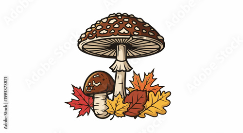 Two spotted mushrooms with colorful autumn leaves