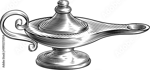 An oil lamp or antique magic lamp illustration in a vintage woodcut engraved etching style. Symbol for nursing, healthcare or learning, wisdom and knowledge.
