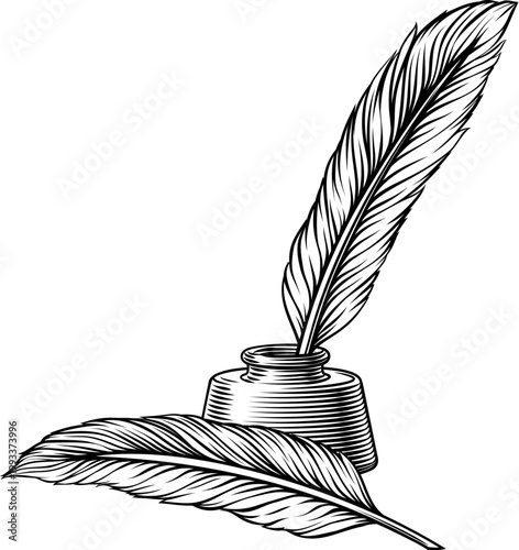 Ink pen feather quills and inkwell illustration in a vintage woodcut engraved etching style. Notary, academic, archival and scholarly or writing or poetry concept.