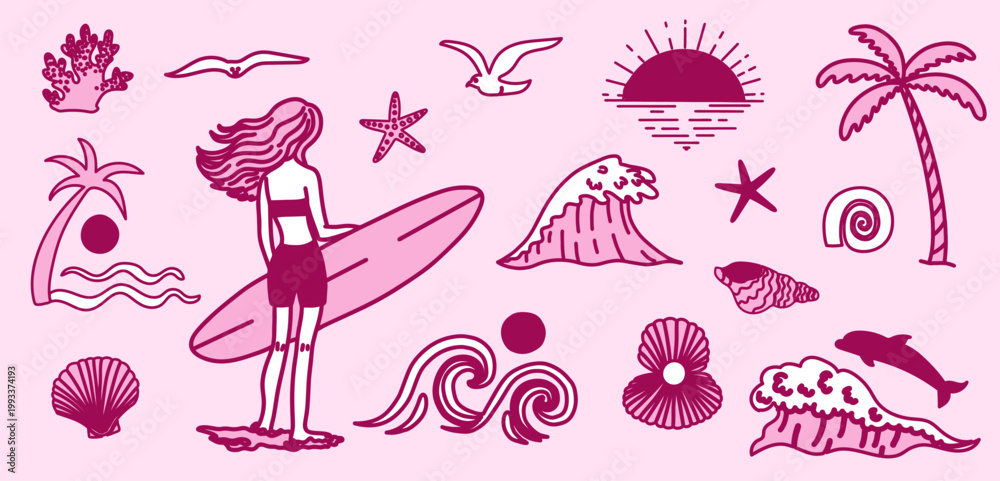 Obraz premium Hand drawn girly pink summer surf collection with beach lifestyle elements including surfer woman, waves, palm trees, ocean animals and shells.