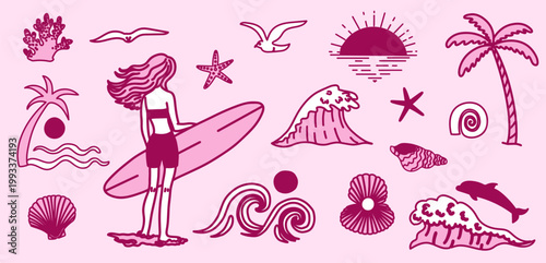 Hand drawn girly pink summer surf  collection with beach lifestyle elements including surfer woman, waves, palm trees, ocean animals and shells.