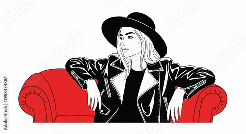 Stylish woman in black hat and leather jacket reclines on red couch