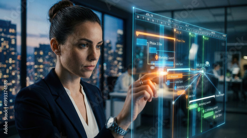 Professional woman wearing a blazer, interacting with a glowing holographic project timeline. Modern office interior with a blurred city skyline at night.