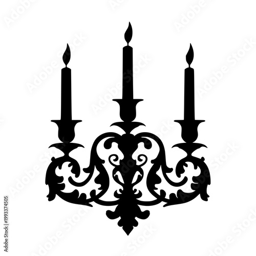 Ornate three-candle candelabra silhouette design featuring elegant scrolling metalwork and flickering flames on a clean white background for decorative use