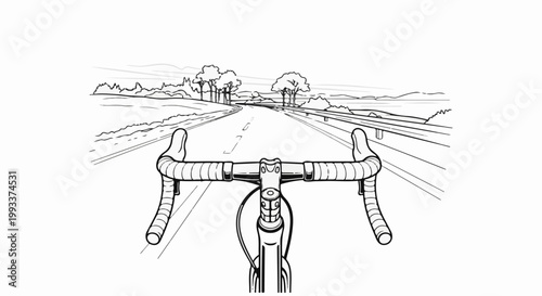 A rider's view of a road ahead with trees and rolling hills in the distance