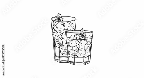 Two refreshing beverages with ice, mint leaves, and condensation