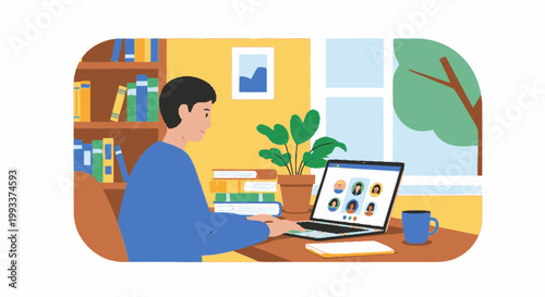 Young man working on laptop at desk with books and plant.