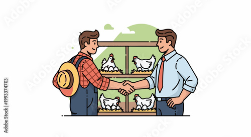 Farmer and businessman shake hands with chickens in a coop