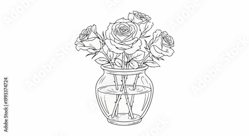 A simple line drawing of a bouquet of roses in a glass vase