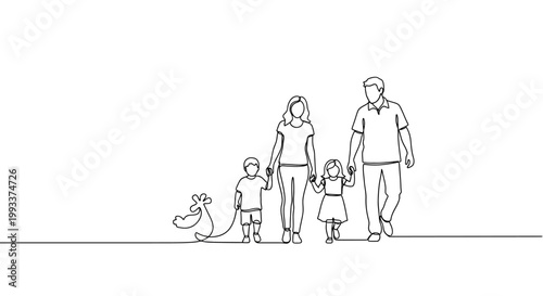 Family walking with baby stroller, minimalist line art, happy parents and kids, single line drawing