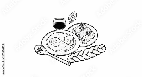 A sketched meal with stuffed rolls, cheese, spread, braided bread, and wine