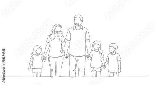 Happy Family Holding Hands, Continuous Line Drawing, Parents and Three Children