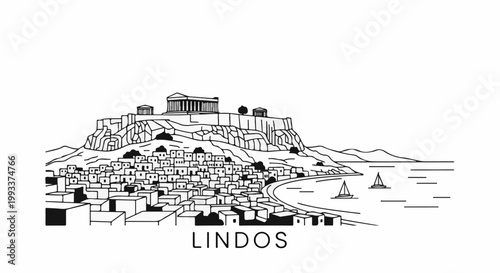 A striking black and white line art depicts ancient ruins atop a cliff overlooking a village and sea