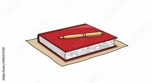 Red journal with a gold pen resting on top, set on tan paper