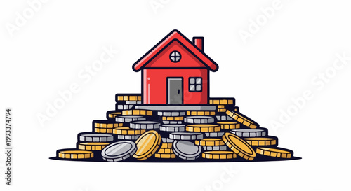 Red house sits atop a large pile of gold and silver coins