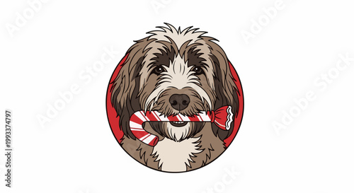 Fluffy dog in circle with striped candy cane in mouth