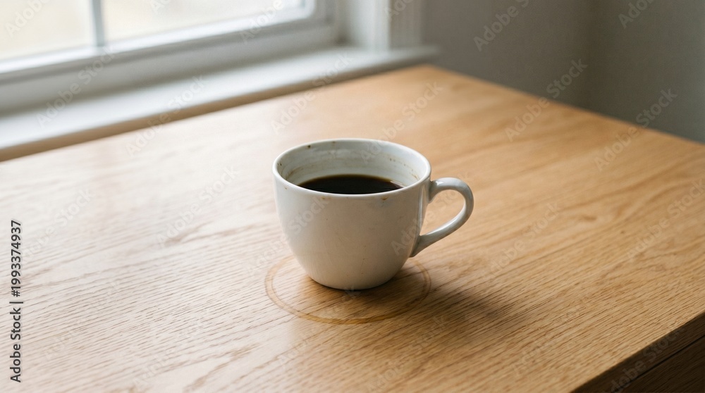 Obraz premium A single cup of black coffee sits on a polished wooden table next to a window, bathed in soft natural light