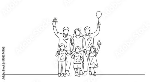 Happy Family Celebration: Continuous Line Drawing of Parents and Children with Balloons and Cakes