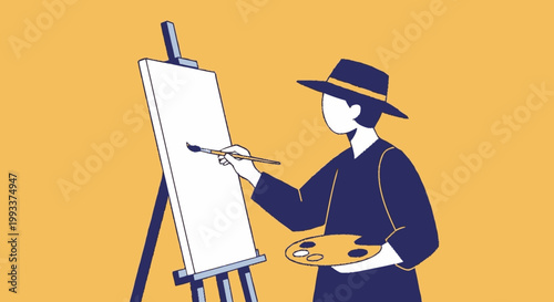 Artist painting on easel with palette and brush.