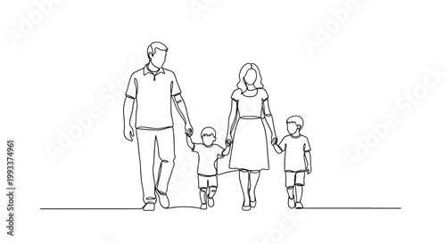 Happy Family Walking Together, Parents Holding Hands with Two Children, Line Art Illustration