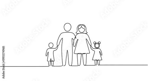 Continuous Line Drawing: Happy Family of Four Holding Hands, Simple Minimalist Icon