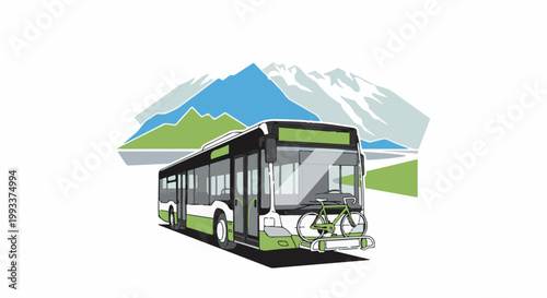 Green bus with bicycle rack travels through a mountainous landscape