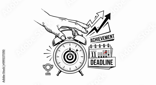 Hand stopping alarm clock near calendar with deadline and trophy, upward arrows