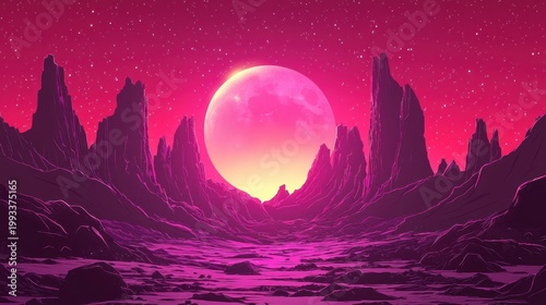 Pink moon rises over desolate alien landscape