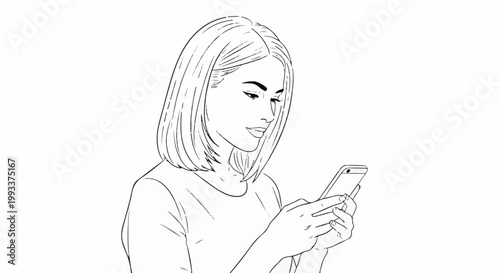 A young woman with bobbed hair looks down at her smartphone