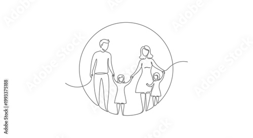 Minimalist Line Art Family Icon: Parents holding hands with two children inside a circle
