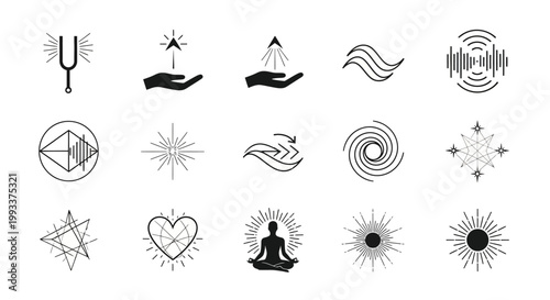 Black line icons of spiritual symbols.